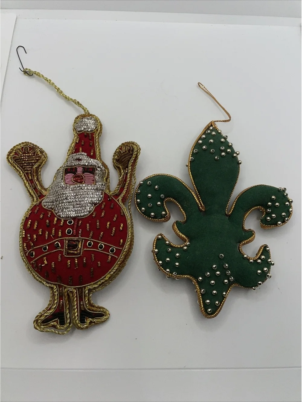 2 vintage Christmas ornaments velvet red green gold Santa Fleur De Lis